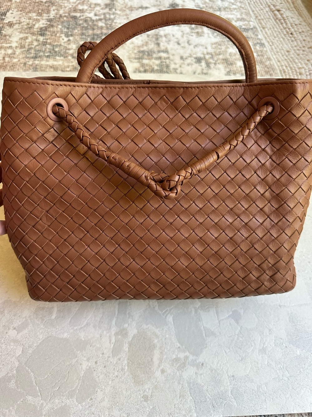 Quince Italian Leather Handwoven Large Satchel Cognac Color - Picture 12 of 14